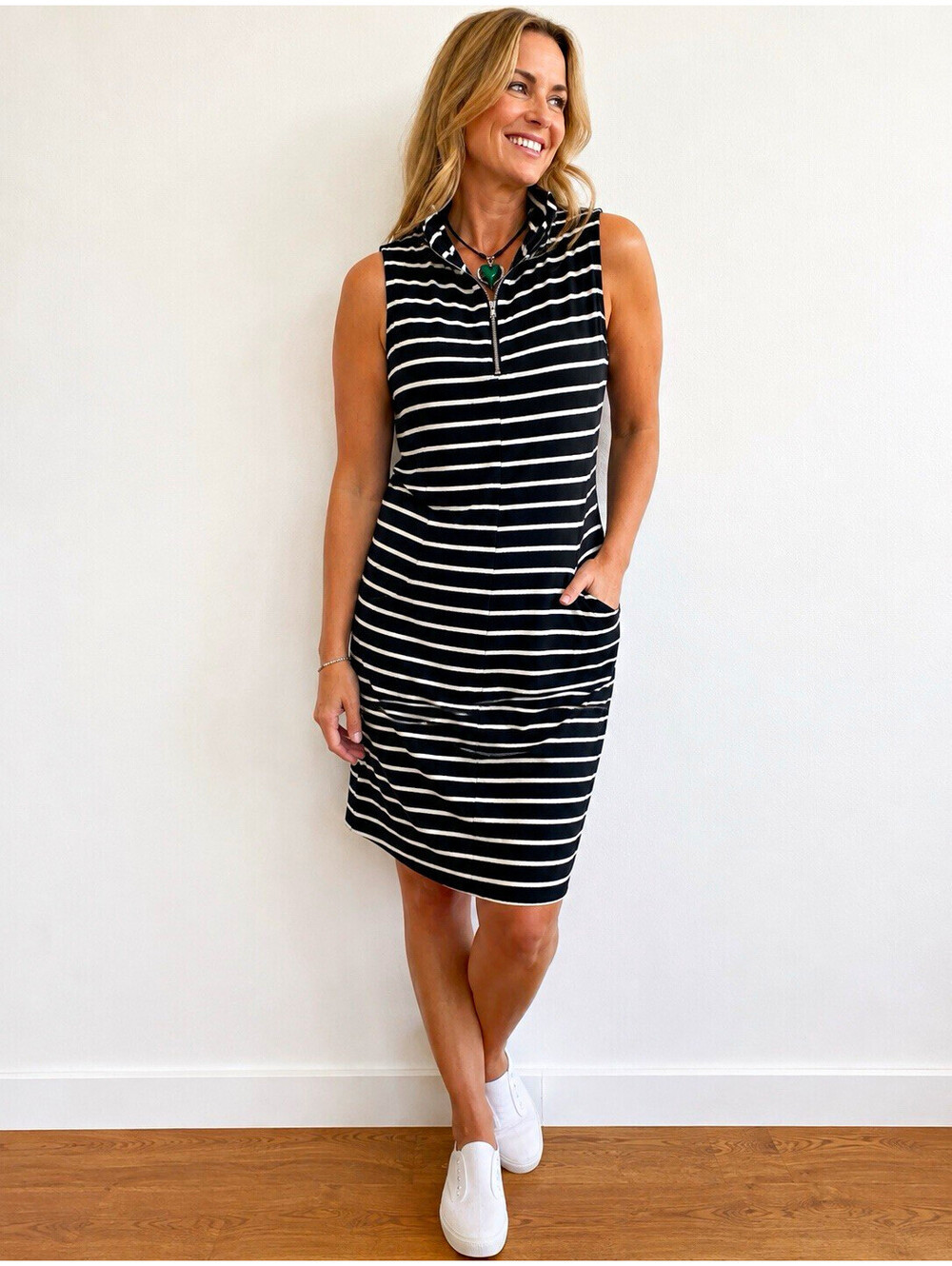 Talbots | Dresses | Talbots Womens Black White Striped Knit Shift Dress Cowl Neck Zip Knee S